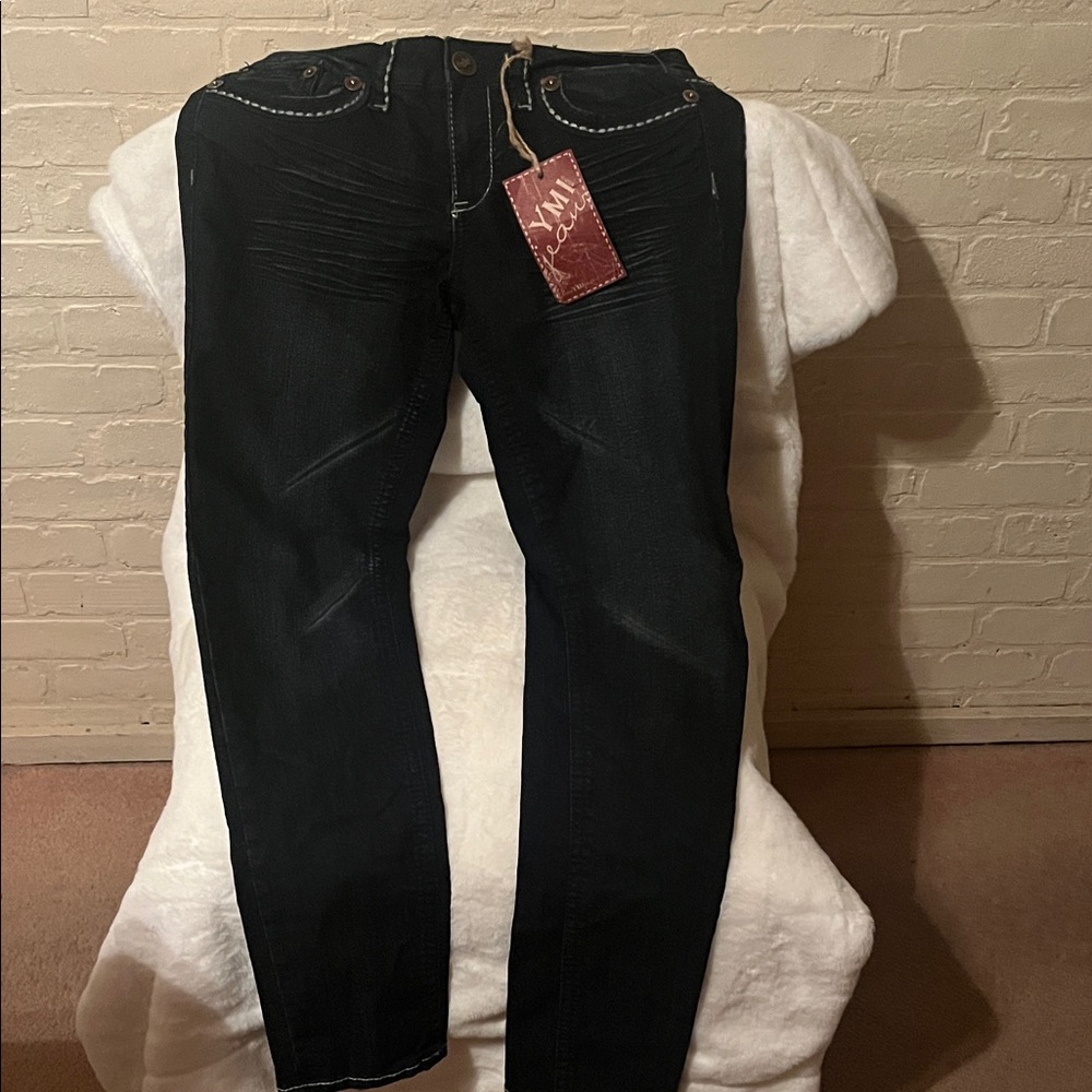 YMI Dark Blue Denim Skinny Jeans with White Stitching Size 11 Juniors